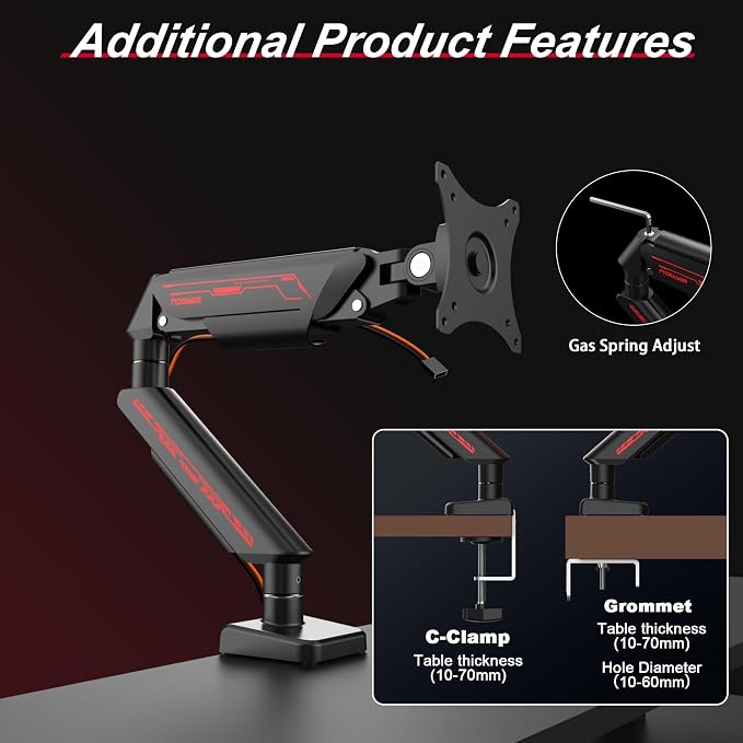 Fydeamer Monitor Arm for 17-35" Screens up to 24.2 lbs, Ergonomic Gas Spring Monitor Stand with Height Adjust, Tilt, Swivel & Cable Management, VESA Desk Mount with 2 Types of Installation, Black - Image 7