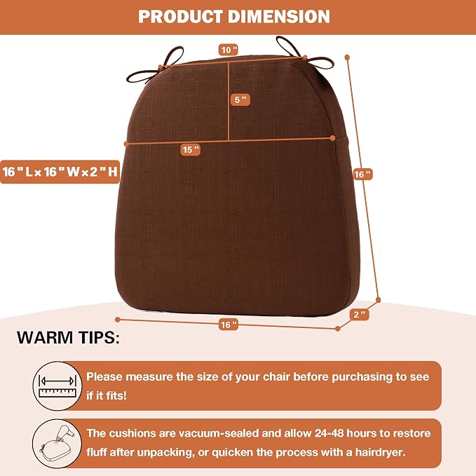 Battilo Chair Cushions for Dining Chairs with Ties, Kitchen Chair Pad with Non-Slip Backing and Removable Cover, Indoor/Outdoor Dining Seat Cushion, 16"x16"x2", Set of 4, Brown - Image 3