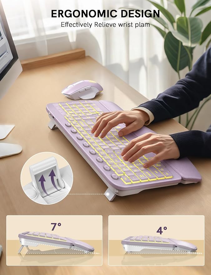 Wireless Keyboard and Mouse Combo, Ergonomic Wave with Wrist Rest | Rechargeable, Backlit Keys, Full Size, 2.4GHz USB Wireless, Leather Finish, MA12Pro Quiet Set for Windows, Mac, PC, Laptop - Image 9