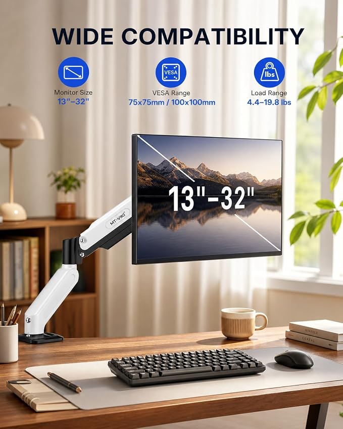 MT-VIKI Single Monitor Arm for 17"-32" Monitors, Gas Spring Adjustable Desk Mount, Quick Release VESA Plate, Full Motion with Cable Management, Clamp & Grommet Base, Supports 4.4–19.8 lbs, White - Image 2