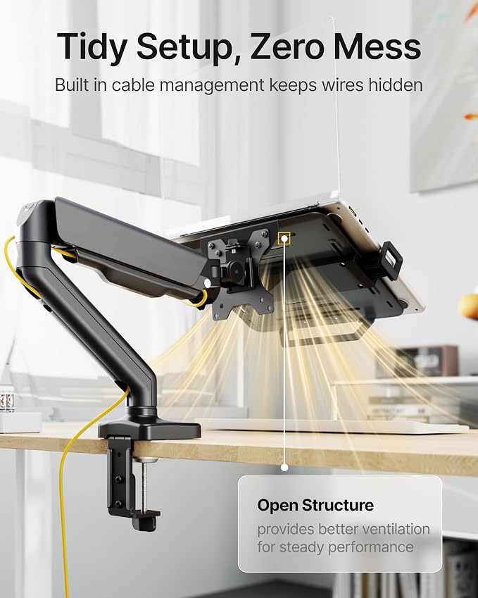 monTEK 2-in-1 Laptop & Monitor Desk Mount, Fits 12–18"Laptops & 32" Screens | 2-in-1 Desk Mount with Removable Vented Laptop Tray, Full Motion Arm with Clamp/Grommet Base, 75/100 VESA Mount - Image 6