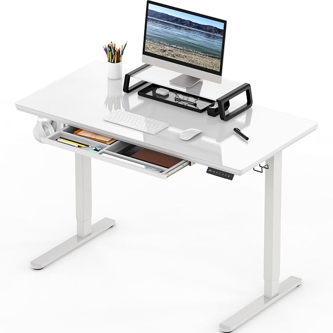 SHW 48-Inch Glass Electric Height Adjustable Standing Desk, White | w/ Monitor Riser | Memory Presets and Cable Management | Drawer with Built-in Compartments | Hanging Hooks by SHW