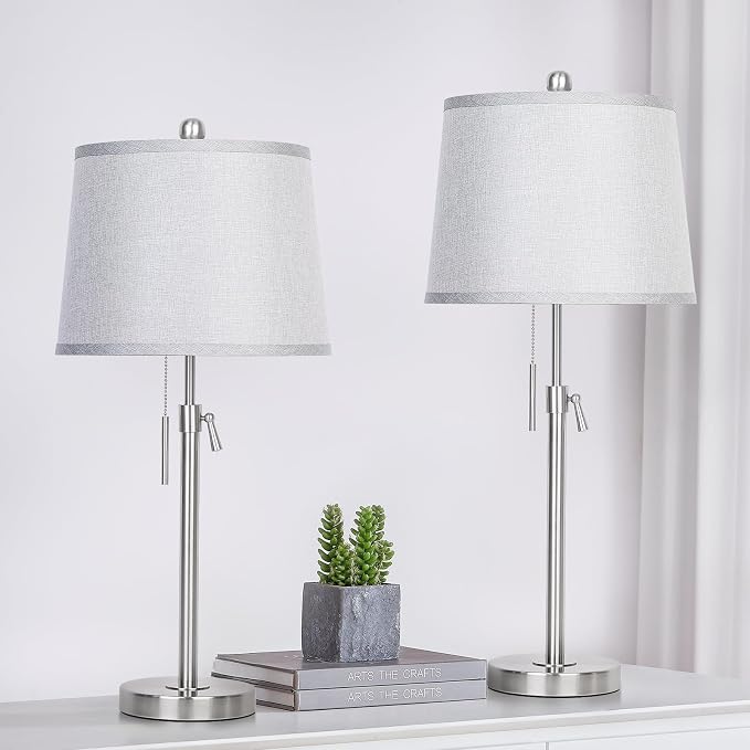 JUNNAI Table Lamps Set of 2, Bedside Lamp Silver Tall Table Lamps for Living Room End Tables, 22" to 30" Adjustable Height Lamp for Bedroom Nightstand Farmhouse with Pull Chain(Bulbs Included) - Image 2