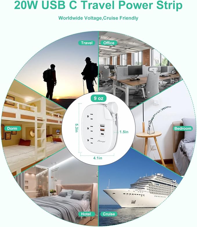 Alitayee PD20W USB C Travel Power Strip,3 Outlets 3 USB,3ft Wrapped Cord | PD20W USB C Fast Charging Station,QC 3.0 Charger,3 Outlets,Flat Plug,3ft Wrapped Around Extension Cord,for Cruise Travel Home - Image 7