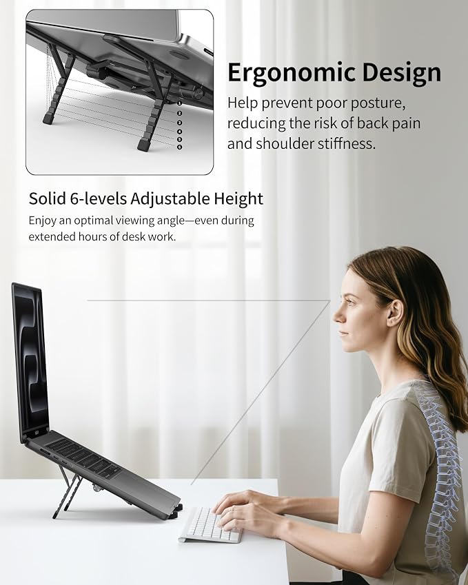 2025 Foldable Laptop Stand for Desk - Bi-fold Ergonomic Spring Adjustable Computer Holder, 3 in 1 Metal Portable Laptop Stand for Notebook, Phone, Tablet,10-16", Desk & Travel Use - Image 5