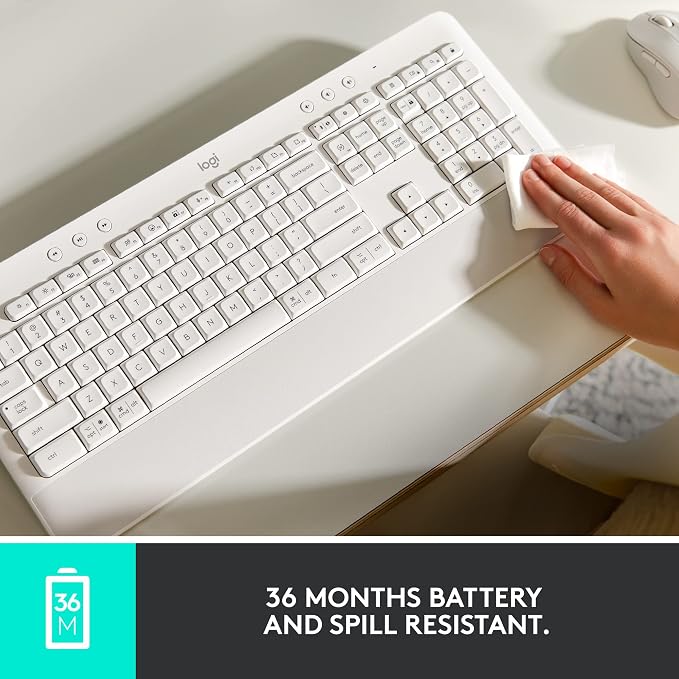 Logitech Signature K650 Comfort Full Size Wireless Keyboard - Off White | BLE Bluetooth or Logi Bolt USB receiver, deep-cushioned keys, integrated numpad, compatible with most OS, PC, Windows, Mac - Image 7