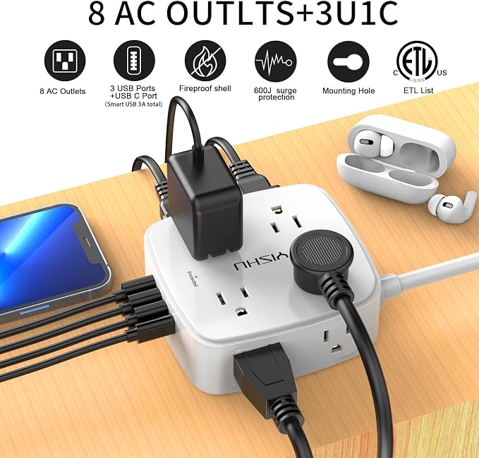 20 Ft Surge Protector Power Strip - 8 Widely Outlets with 4 USB Ports, 3 Side Outlet Extender with 20 Feet Extension Cord, Flat Plug, Wall Mount, Desk USB Charging Station, ETL, White - Image 2