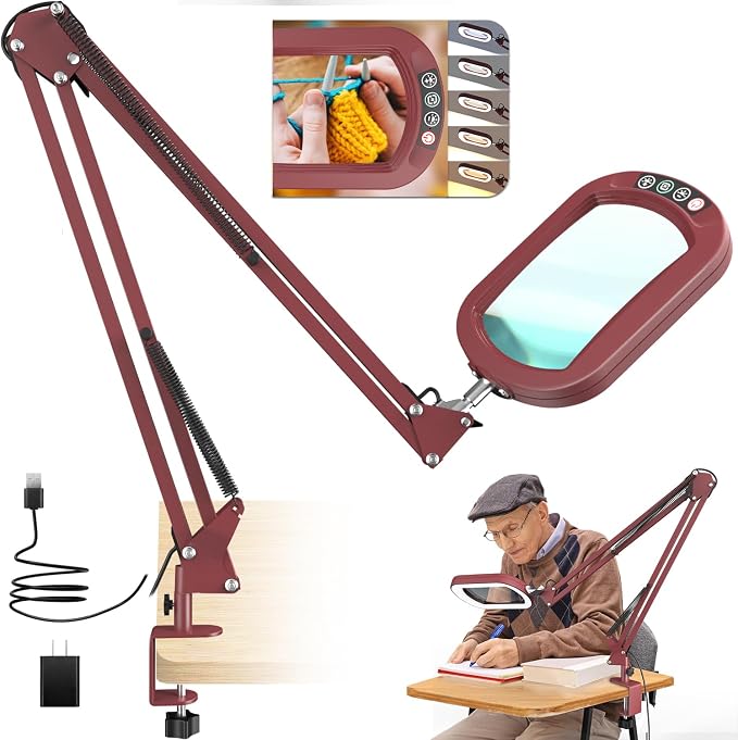 16" Extra Long Magnifying Glass with Light and Clamp, Real Glass, 5 Color Modes, Stepless Dimmable, Lighted Magnifier with Stand Hands Free, LED Swing Arm Desk Lamp for Close Work, Craft, Red by JEEDEFI