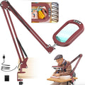 16" Extra Long Magnifying Glass with Light and Clamp, Real Glass, 5 Color Modes, Stepless Dimmable, Lighted Magnifier with Stand Hands Free, LED Swing Arm Desk Lamp for Close Work, Craft, Red by JEEDEFI