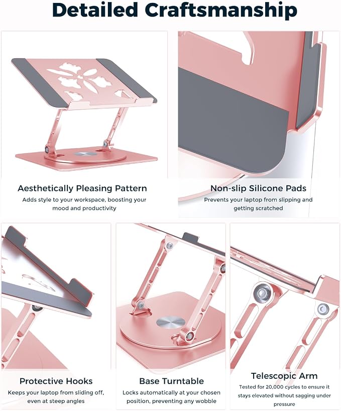 Aoviho 360° Rotating Laptop Stand for Desk | Adjustable, Foldable, Portable Aluminum Ergonomic Riser | Compatible with MacBook, Dell, HP & All Laptops 10-16 inch | Rose Gold - Image 6