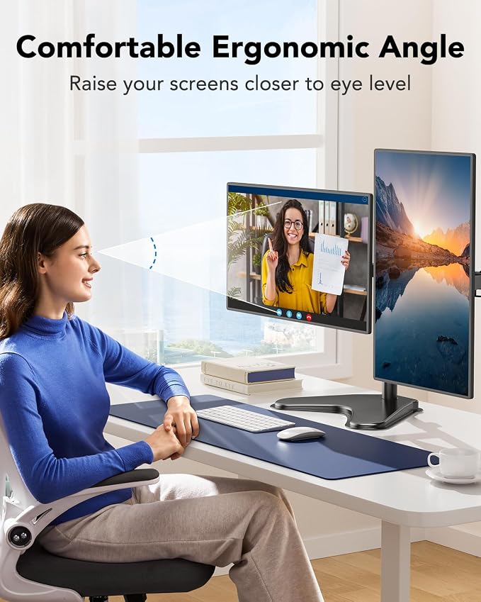 HUANUO 32 inches Dual Monitor Stand up to 17.6lbs per Arm, High-Grade Aluminum Free Standing Dual Monitors Mount for 2 Screens. Fully Adjustable Dual Monitor Stand for Desk with Tilt, Swivel, Rotation - Image 5