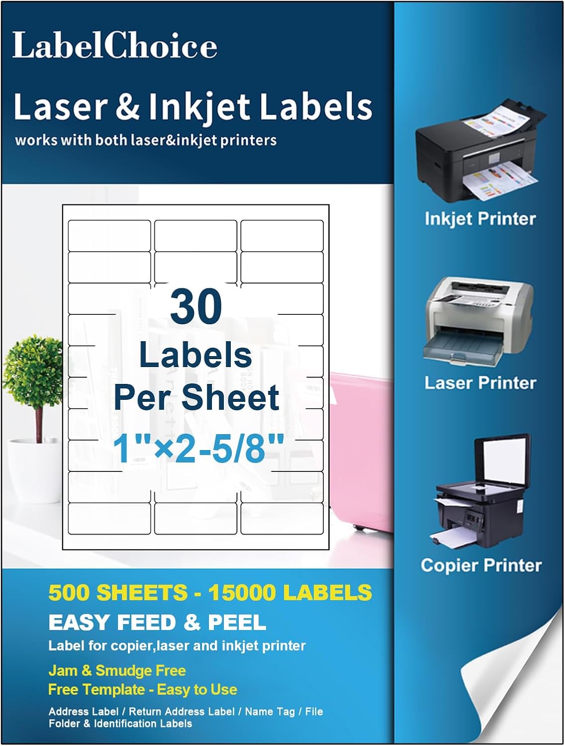500 Sheets 15000 Pcs 30 Up Labels 1" x2-5/8 Shipping Address Labels for Laser & Inkjet Printers, Mailing Labels 30 per Sheet Return Address Stickers, 30 per Page on US Letter by LabelChoice