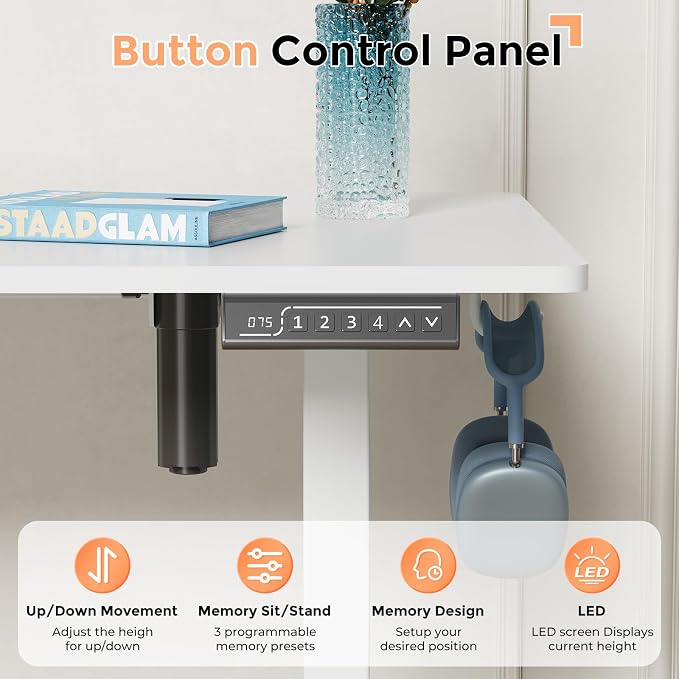 59"×24" Large Electric Standing Desk, Sit Stand Desk, White | 3 Memory Preset Height Adjustable Desk with 2 Hooks for Home Office & Gaming, Heavy Duty Computer Desk with Spliced Tabletop - Image 8