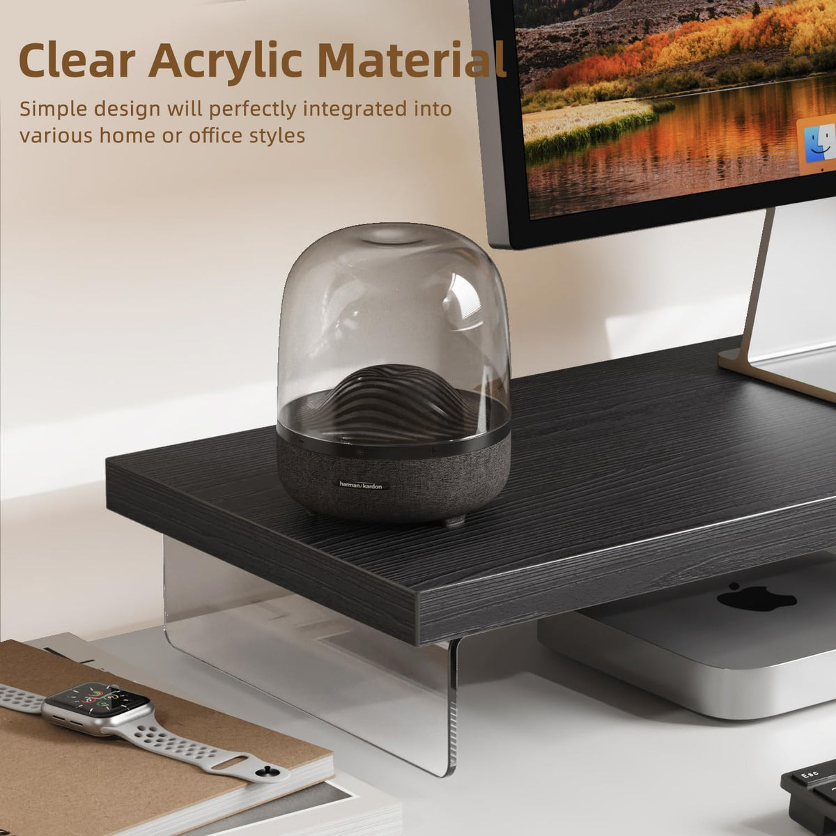 Dual Monitor Stand Riser, 40x10 in Wood & Acrylic Desktop Organizer Shelf - Image 2