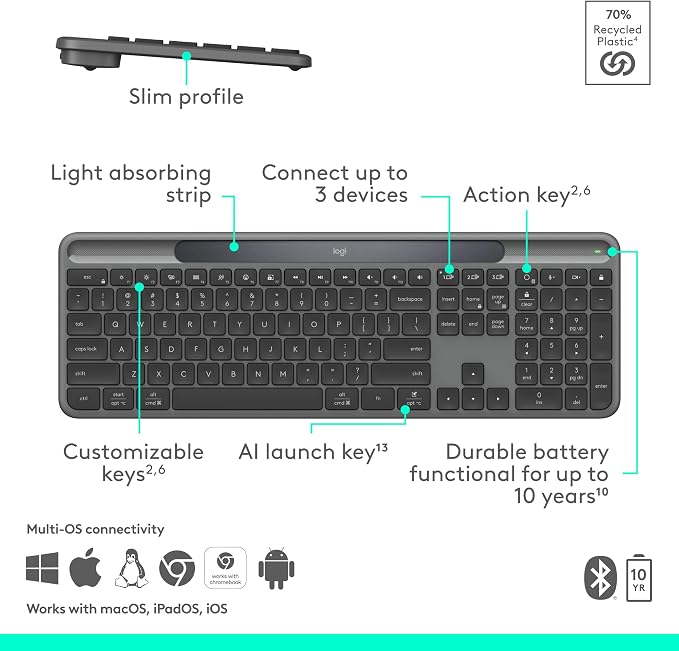 Logitech Signature Slim Solar+ Wireless Bluetooth Keyboard K980 - Graphite | Signature, solar and artificial light powered, up to 10 years battery life, customizable keys - Image 7