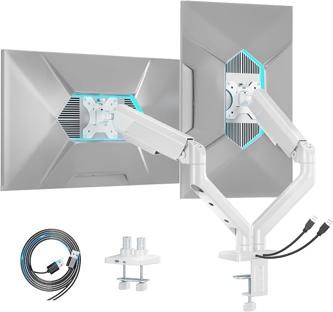 ARES WING Dual Monitor Mount with USB for 2 Monitors for 17-35 inch, White | Heavy Duty Monitor Arms for 2 Monitors, Fully Adjustable Monitor Desk Stand for Ultrawide Screen, VESA 75x75 or 100x100mm - Image 2