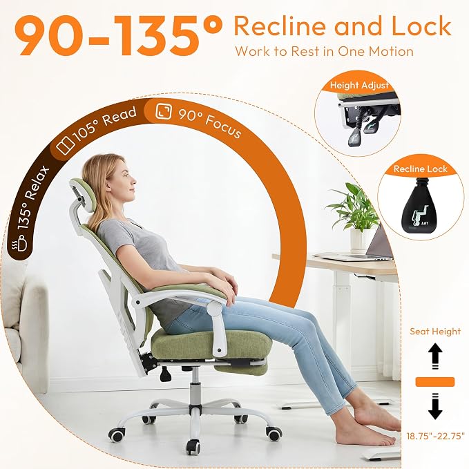 Home Office Desk Chair, Comfortable Mesh Chair with Foot Rest, Green | Reclining Gaming Chair with Headrest and Lumbar Support, 90°-130° Reclining, Silent Swivel - Image 4