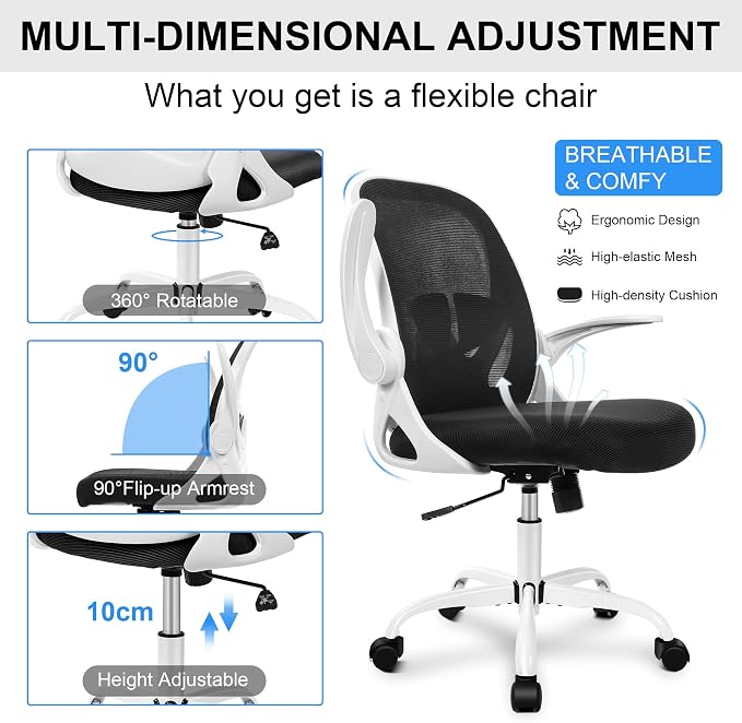 Office Chair Ergonomic Desk Chair with Adjustable Lumbar Support and Height, Swivel Breathable Desk Mesh Computer Chair with Flip up Armrests for Conference Room(White) - Image 7