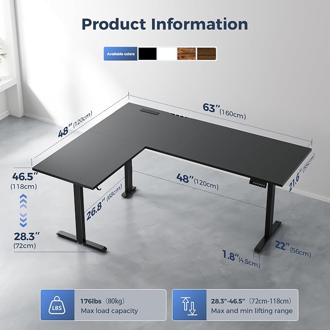 Klicelor L Shaped Standing Desk 63 x 48 Inch,Electric Height Adjustable Corner Desk with Cable Management & Power Outlets, Ergonomic Sit Stand Up Computer Table for Home Office,Black - Image 3
