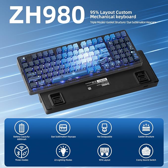 ZORNHER ZH980 Mechanical Keyboard,95% Blue Creamy Keyboard with Number Pad,Hot-Swappable Custom Gaming Keyboard,Shine Through Dye Sublimation PBT Keycaps,Creamy Sounding Linear Switches - Image 2