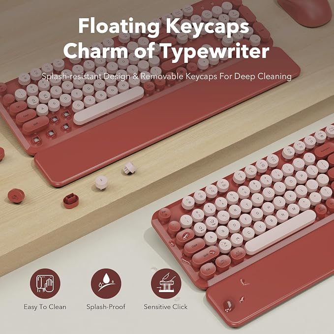 Wireless Keyboard and Mouse Combo, Wine Red Retro Typewriter Style Keyboard with Round Keycaps and Magnetic Wrist Rest, 2.4GHz Wireless for Mac, Windows PC, Laptop, Home Office, School, SABLUTE CK23 | Full-Size Retro Typewriter-Style Keyboard, Tilt Leg... - Image 4