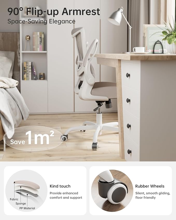 Office Chair, Ergonomic Desk Chair with Adjustable Lumbar Support and Flip up Armrest, Breathable Mesh Computer Chair for Home Office, Khaki - Image 3
