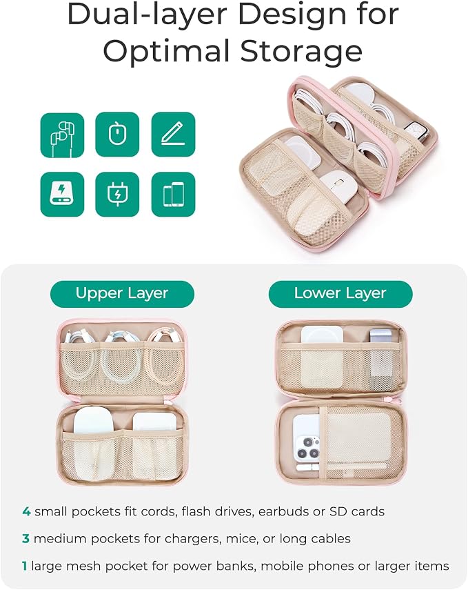 BAGSMART Electronics Organizer Travel Case for Cords Chargers Phones, Beige | Puffy Padded, Travel Essentials, Cord organizer bag for Cables, Compact Tech Accessories Pouch - Image 2