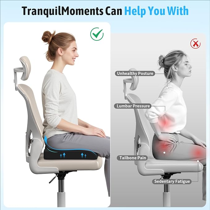 TranquilMoments Seat Cushion, Gel Wheelchair Seat Cushion, Black | Wheelchair Seat Cushion Cooling Gel Memory Foam, Tailbone Pain Relief & Non - Slip Bottom Chair Cushion - Image 3