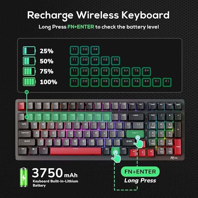 RK ROYAL KLUDGE RK98 Gaming Keyboard, Wireless Mechanical Keyboard 100 Keys Tri-Mode BT5.1/2.4G/USB-C Full Size Hot Swappable Custom Keyboard with Numpad RGB Backlit, Massive Battery, Silver Switch - Image 6