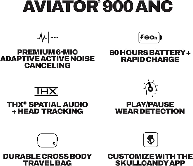 Skullcandy Aviator 900 ANC Noise Canceling Wireless Headphones - True Black | Bluetooth, THX Spatial Audio with Head Tracking, Premium Adaptive Noise Cancellation, 60 Hours Battery, Microphone, Travel - Image 9