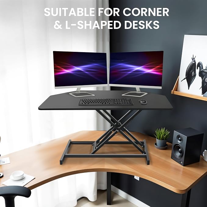 Aconcept 34 inch Black Corner Height Adjustable Standing Desk Converter, One-Click Sit to Stand up Desk Riser, Pre-Assembled Dual Monitor and Laptop Workstation - Image 8