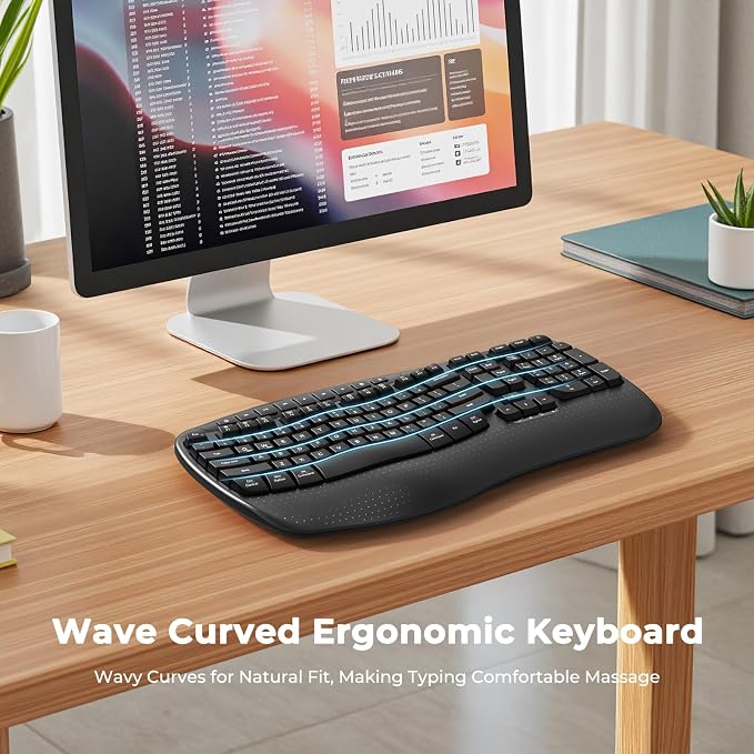 MEETION Wireless Ergonomic Keyboard with Wave Keys and Wrist Rest - Black | Firm wrist rest, 2.4G USB-A receiver, USB-C adapter included, full-size layout, compatible with Windows, Mac, PC, laptop - Image 2