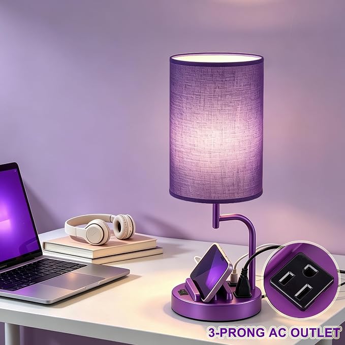 Dreamholder 2 Pack Table Lamp, Bedside Lamp with 3 USB Charging Ports & AC Outlet, USB Desk Lamp with 2 Phone Holders, Linen Fabric Shade Nightstand Lamps for Bedroom Living Room Office, Purple - Image 4