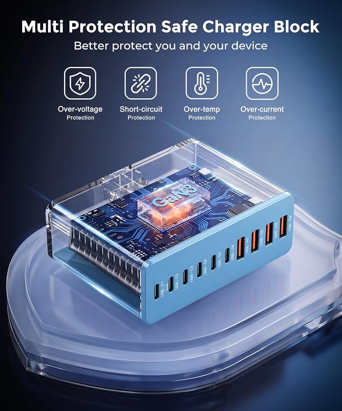 USB C Charging Station 10 Port with 4 Cables,245W GaN Charger Block | Type C Wall Charger Power Strip Adapter Plug for iPad iPhone17 16 15 14 13 12 Pro Max Pixel Note Galaxy Blue - Image 3