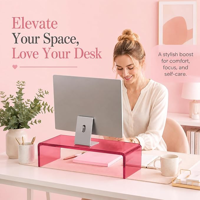 Ergonomic Acrylic Monitor Stand with Storage - Bright Pink Desktop Organizer for Back Pain Relief & Space Saving, Stylish & Modern Desktop Organizer(Home/Office Use) - Image 3