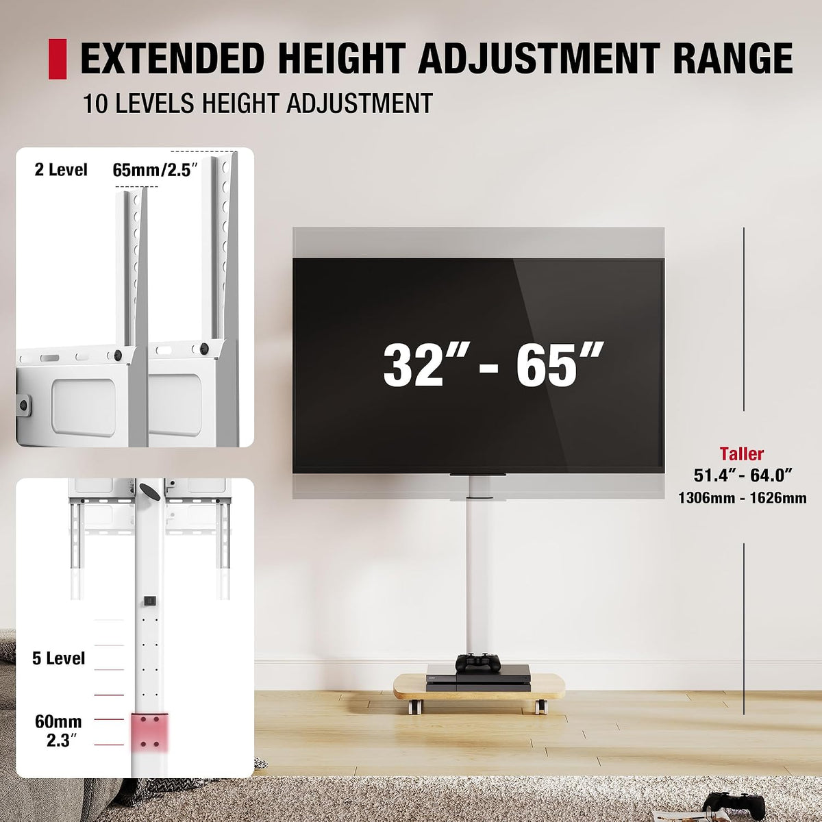 Tall Rolling TV Stand with 90° Rotation & 12° Tilt, 10-Height Adjustable Mobile TV Stand for 32-65 Inch TVs, Portrait/Landscape TV Cart for Home Office Studio, Black - Image 6