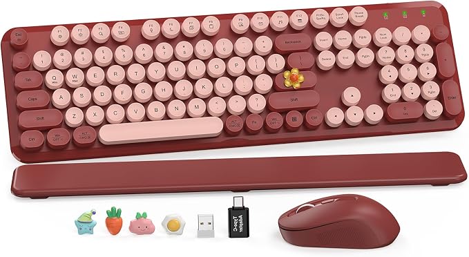 Wireless Keyboard and Mouse Combo, Wine Red Retro Typewriter Style Keyboard with Round Keycaps and Magnetic Wrist Rest, 2.4GHz Wireless for Mac, Windows PC, Laptop, Home Office, School, SABLUTE CK23 | Full-Size Retro Typewriter-Style Keyboard, Tilt Leg... by SABLUTE