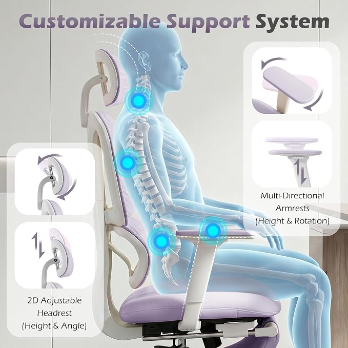 Ergonomic Office Chair with Footrest and Dynamic Lumbar Support, Purple | Reclining high-back computer chair, memory foam seat, 2D armrests, 2D headrest, mesh desk chair for home office, long hours - Image 6