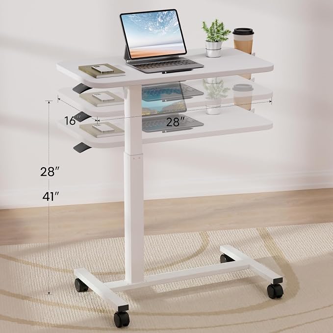 GTPLAYER Small Standing Desk with Lockable Wheels, Pneumatic Mobile Rolling Laptop Desk,Adjustable Height Overbed Bedside Table Computer Workstation for Home Office (28" W x 16" D, White) - Image 3