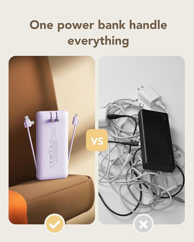 charmast 20000mAh Portable Charger with Built-in Cables and AC Wall Plug | 20W Fast Charging Power Bank, Power 3 Devices at Once, Family Travel Essential Battery Pack for iPhone, Samsung, Android - Image 3