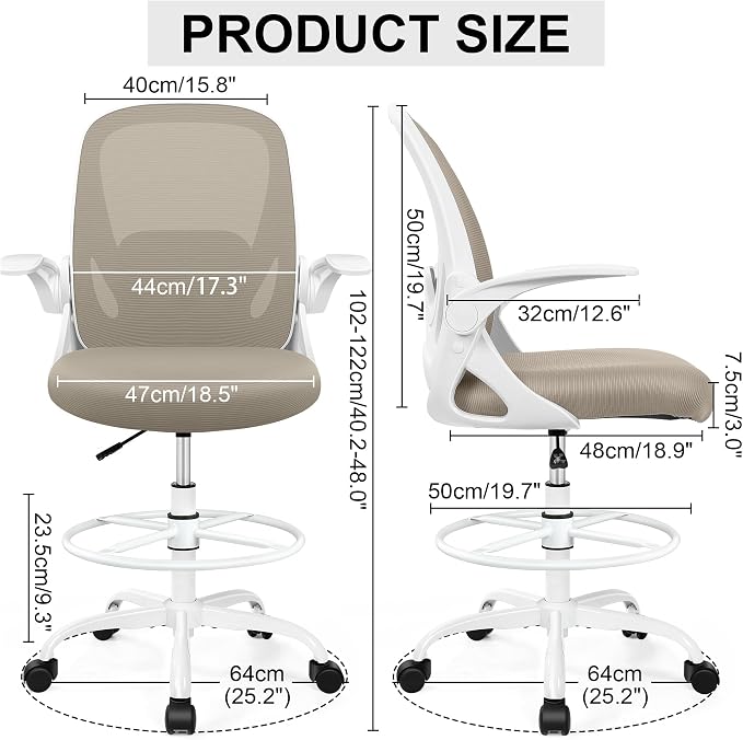 Drafting Chair Tall Office Chair with Flip-up Armrests, Adjustable Height, and Enhanced Lumbar Support - Ergonomic Rolling Stool, Back Support, and Adjustable Foot Rest Ring for Standing Desk Khaki - Image 2