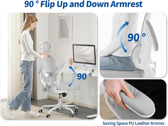 TRALT Office Chair Ergonomic Desk Chair - Gaming Chair with Lumbar Support | 330 LBS Home Office Desk Chairs with Headrest, Reading Chair with Flip-up Armrests, Comfortable Computer Chairs (1, Grey PU) - Image 5