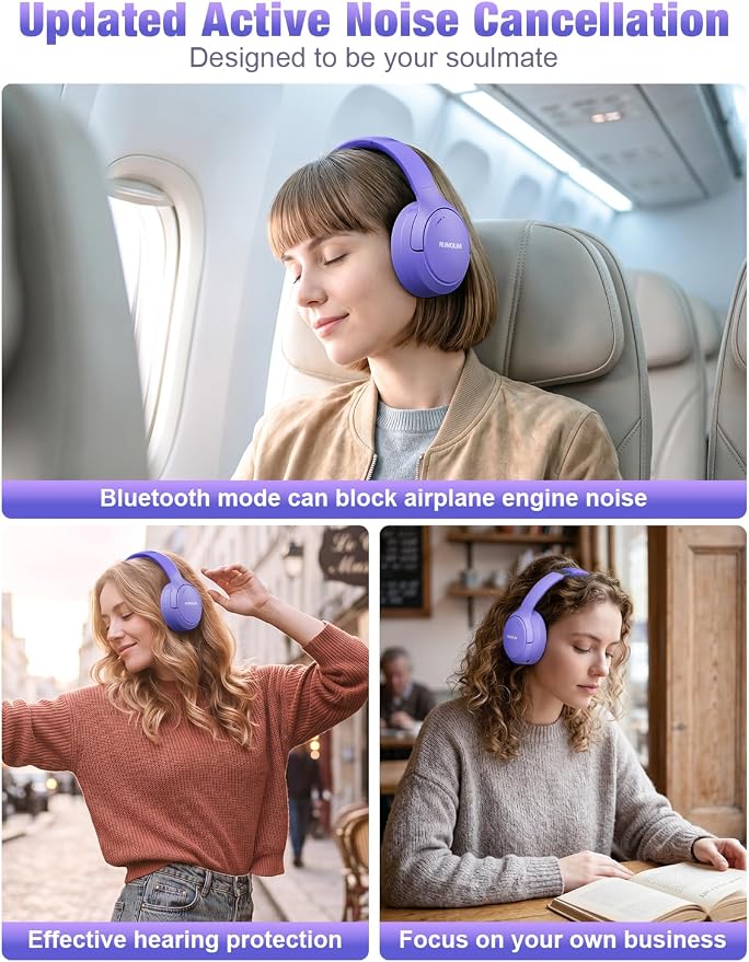 RUNOLIM Hybrid Active Noise Cancelling Headphones, Wireless Over Ear Bluetooth Headphones with Microphone, 100H Playtime, Foldable Headphone with HiFi Audio, Deep Bass for Home Travel Office（Purple） - Image 6