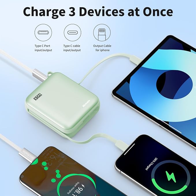 Hichain Portable Charger with Dual Built-in Cables 10000mAh Small Power Bank 22.5W Fast Charging Mini Powerbank LED Display Travel Essential Battery Pack for iPhone 17 16 15 14 13 All Series Green - Image 4