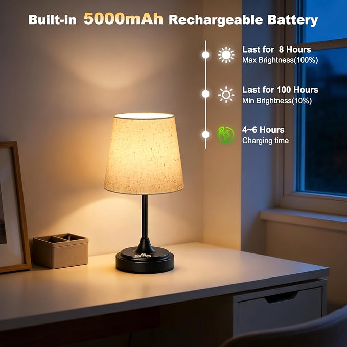 Wowag Small Cordless Table Lamp Rechargeable,5000mAh Battery Operated Desk Lamp,3 Colors & 7 RGB Stepless Dimmable,Touch Ambient Light for Bedside,Bedroom,Dining Room,Living Room,Black,FlaxenShade - Image 5