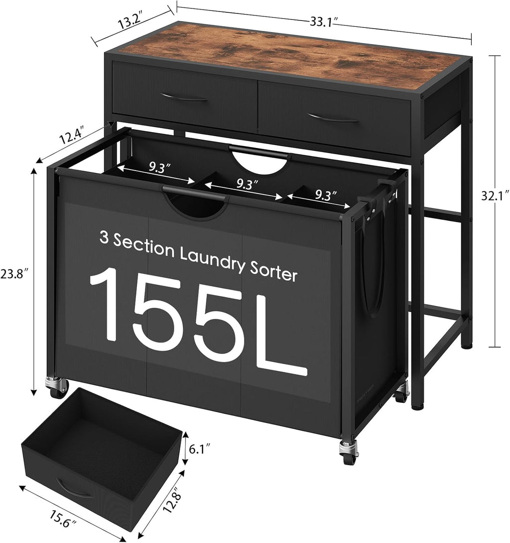 Laundry Sorter 3 Section with Tabletop & 2 Drawers, Rolling Laundry Hamper with Pull-Out and Removable Bags, Laundry Basket Organizer with Wheels and Shelf, Metal Frame Rustic Brown for Laundry Room - Image 3