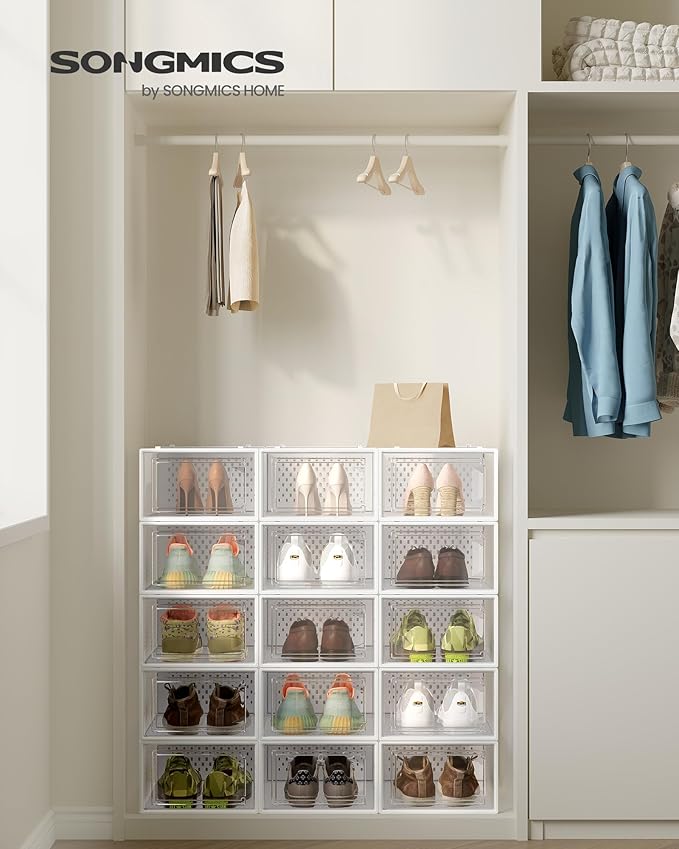 SONGMICS Shoe Boxes, Clear Plastic Sneaker Box, Pack of 15 | Stackable Shoe Storage Organizers, for Closet, 13.1 x 9.1 x 5.6 Inches, Transparent and White, DENNYS Collection ULSP015W02 - Image 2