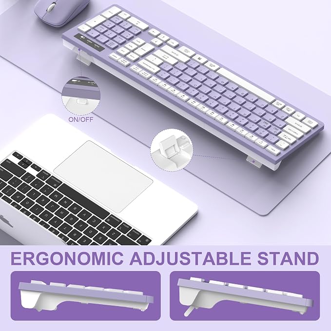 Wireless Keyboard and Mouse Combo Silent for Office and Home(Purple) | 2.4G Full Size Silent Cordless Keyboard with Tilt Legs,3-Level DPI Quiet Mouse,for Windows/Mac OS/Desktop/Laptop/PC - Image 4