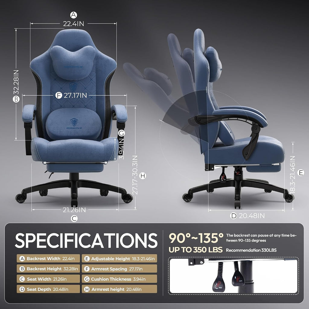 Dowinx Gaming Chair with Heated Massage Lumbar Support,Big and Tall Fabric Gaming Chairs for Adults with Footrest, Ergonomic Computer Game Chair with Poket Spring Cushions, 350lbs, Blue - Image 2