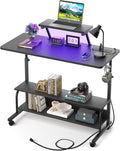 Height Adjustable Standing Desk with Power Outlets and LED Lights - 39" Manual Stand Up Desk with Monitor Stand and Storage Shelves Small Mobile Rolling Computer Desk Portable Laptop Table, Black by Besiost